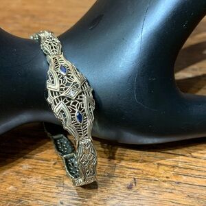 Genuine Art Deco 9K Gold and Sapphire Filigree Bracelet